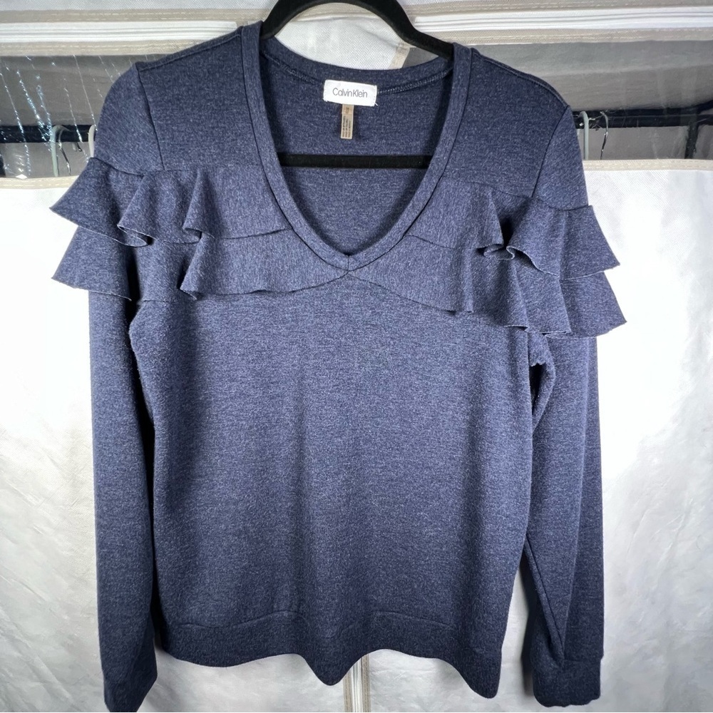 Calvin Klein Women's Heathered V-Neck Ruffle Sleeve Top , Dark Blue , M